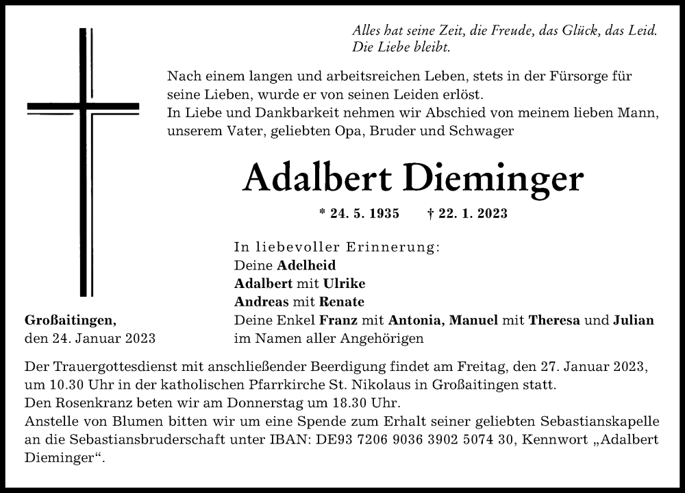  Traueranzeige für Adalbert Dieminger vom 24.01.2023 aus Schwabmünchner Allgemeine