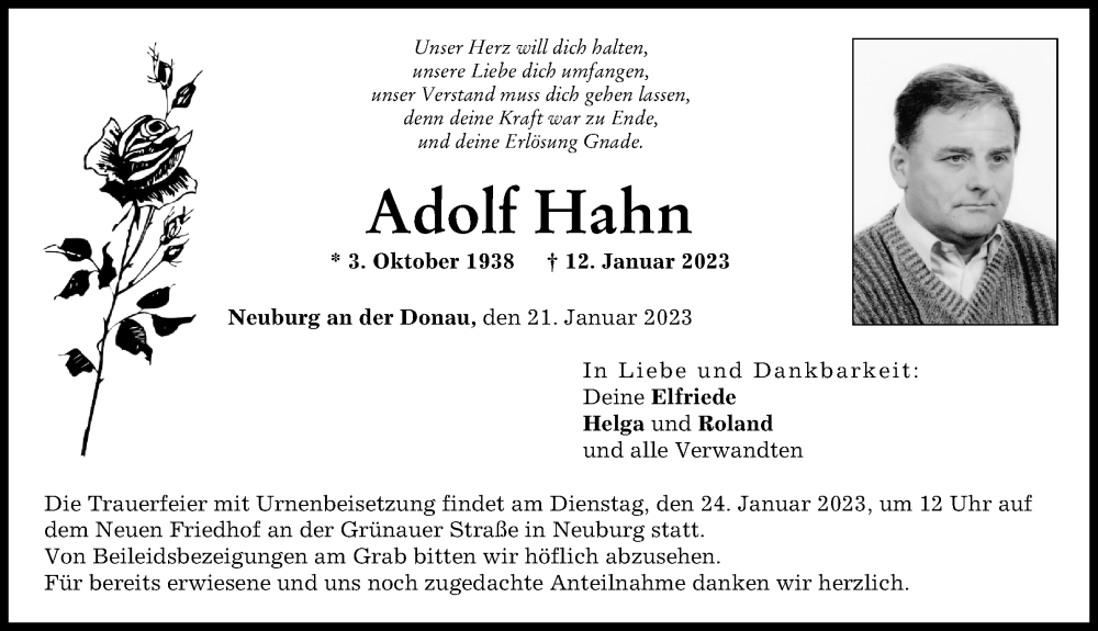  Traueranzeige für Adolf Hahn vom 21.01.2023 aus Neuburger Rundschau