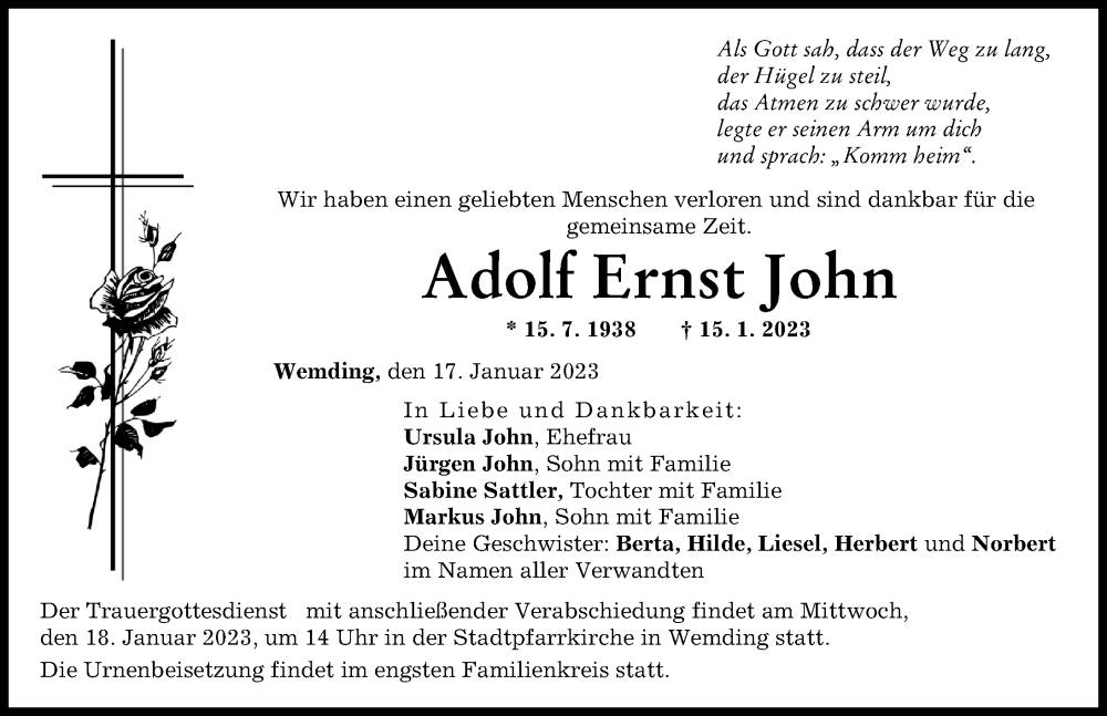 Traueranzeige von Adolf Ernst John von Donauwörther Zeitung