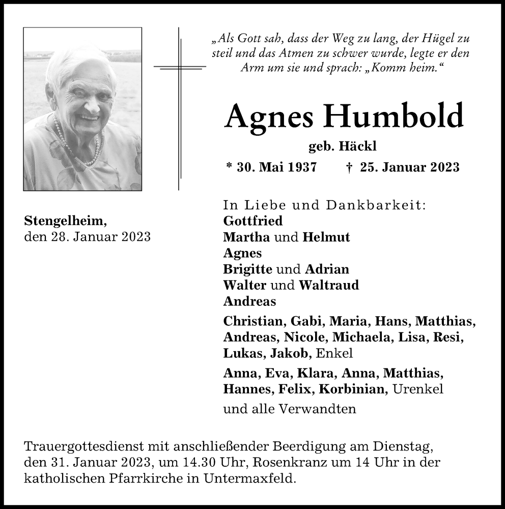  Traueranzeige für Agnes Humbold vom 28.01.2023 aus Neuburger Rundschau