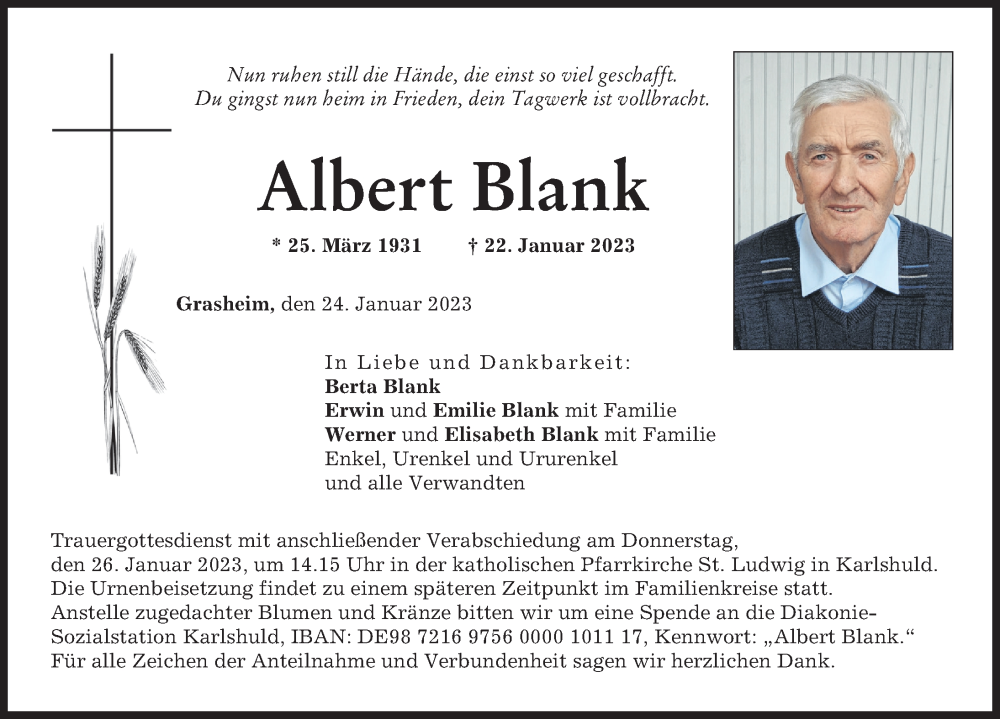  Traueranzeige für Albert Blank vom 24.01.2023 aus Neuburger Rundschau