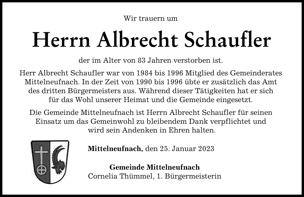  Traueranzeige für Albrecht Schaufler vom 25.01.2023 aus Schwabmünchner Allgemeine