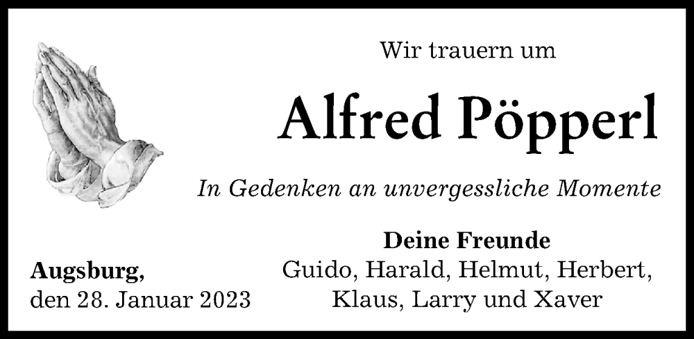  Traueranzeige für Alfred Pöpperl vom 28.01.2023 aus Augsburger Allgemeine