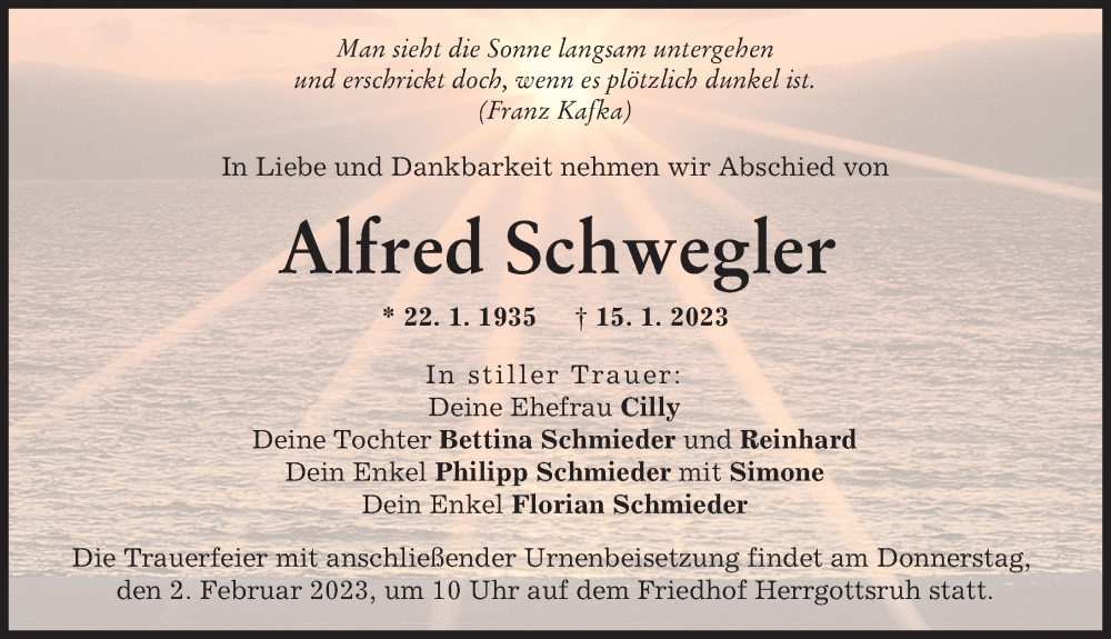  Traueranzeige für Alfred Schwegler vom 28.01.2023 aus Friedberger Allgemeine