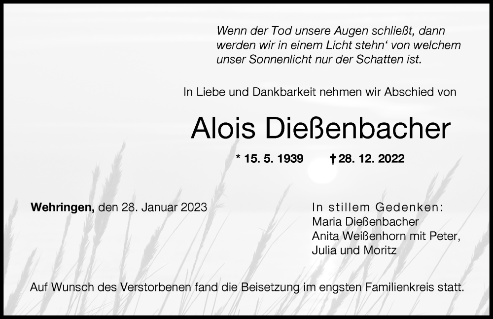  Traueranzeige für Alois Dießenbacher vom 28.01.2023 aus Augsburger Allgemeine