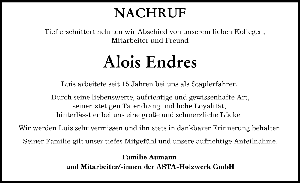 Traueranzeige von Alois Endres von Günzburger Zeitung