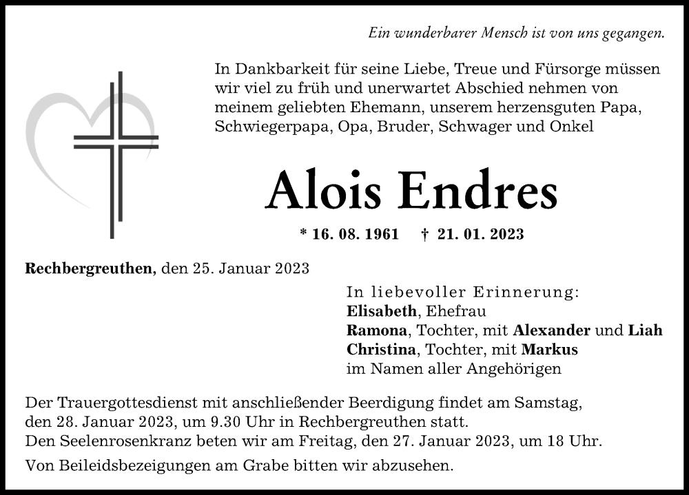  Traueranzeige für Alois Endres vom 25.01.2023 aus Günzburger Zeitung