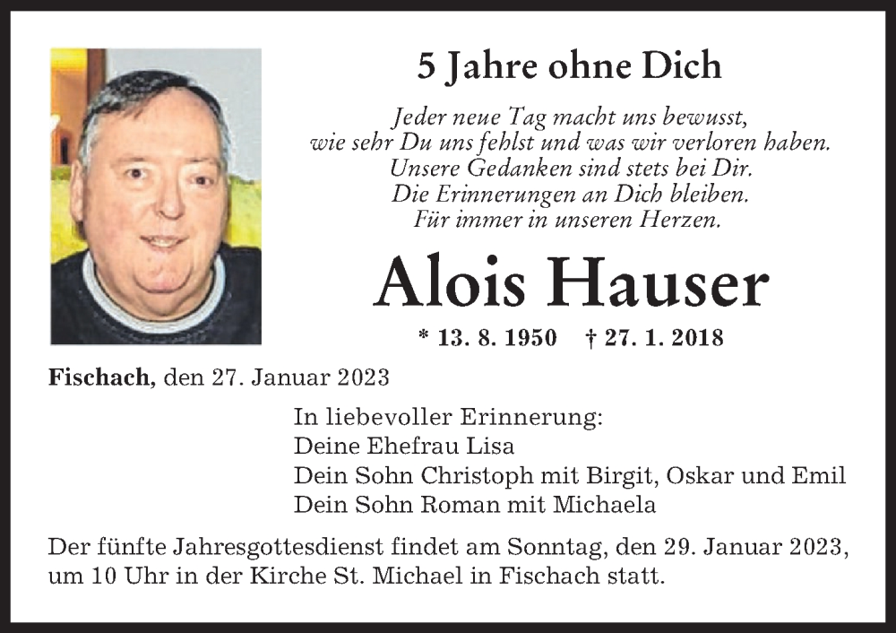  Traueranzeige für Alois Hauser vom 27.01.2023 aus Augsburg-Land