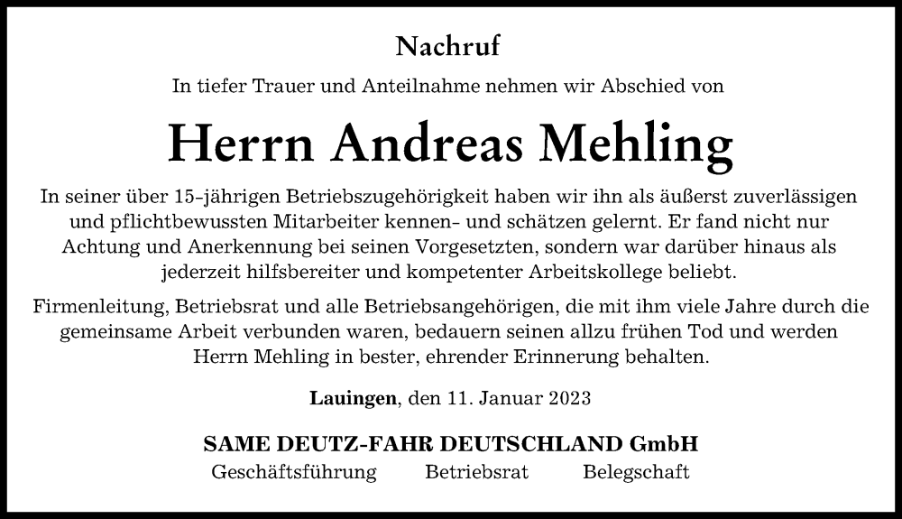  Traueranzeige für Andreas Mehling vom 11.01.2023 aus Donau Zeitung