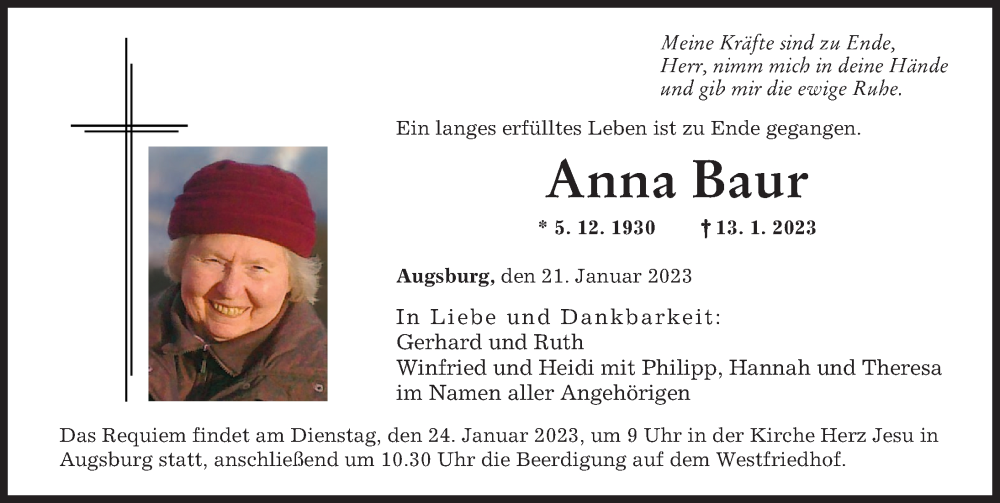  Traueranzeige für Anna Baur vom 21.01.2023 aus Augsburger Allgemeine