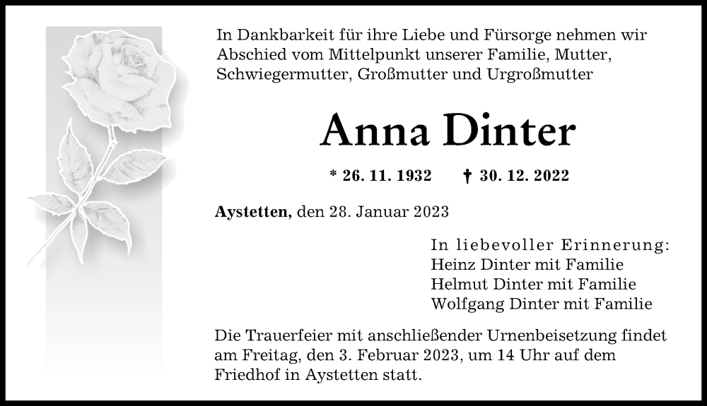  Traueranzeige für Anna Dinter vom 28.01.2023 aus Augsburger Allgemeine