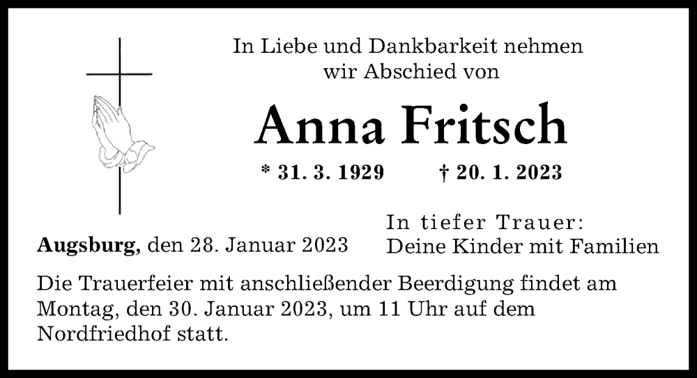 Traueranzeige von Anna Fritsch von Augsburger Allgemeine