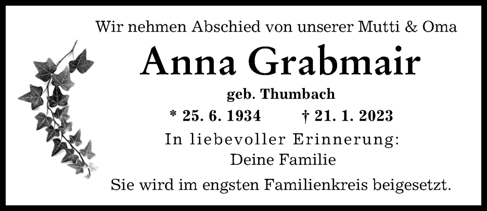  Traueranzeige für Anna Grabmair vom 24.01.2023 aus Augsburger Allgemeine