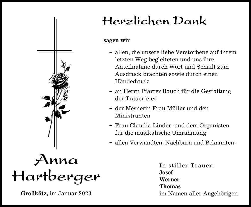 Traueranzeige von Anna Hartberger von Günzburger Zeitung
