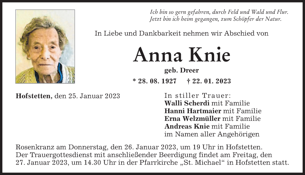  Traueranzeige für Anna Knie vom 25.01.2023 aus Landsberger Tagblatt