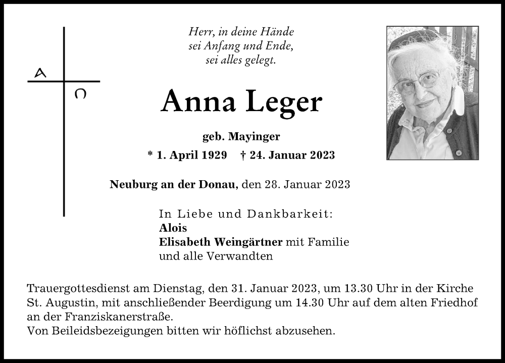  Traueranzeige für Anna Leger vom 28.01.2023 aus Neuburger Rundschau