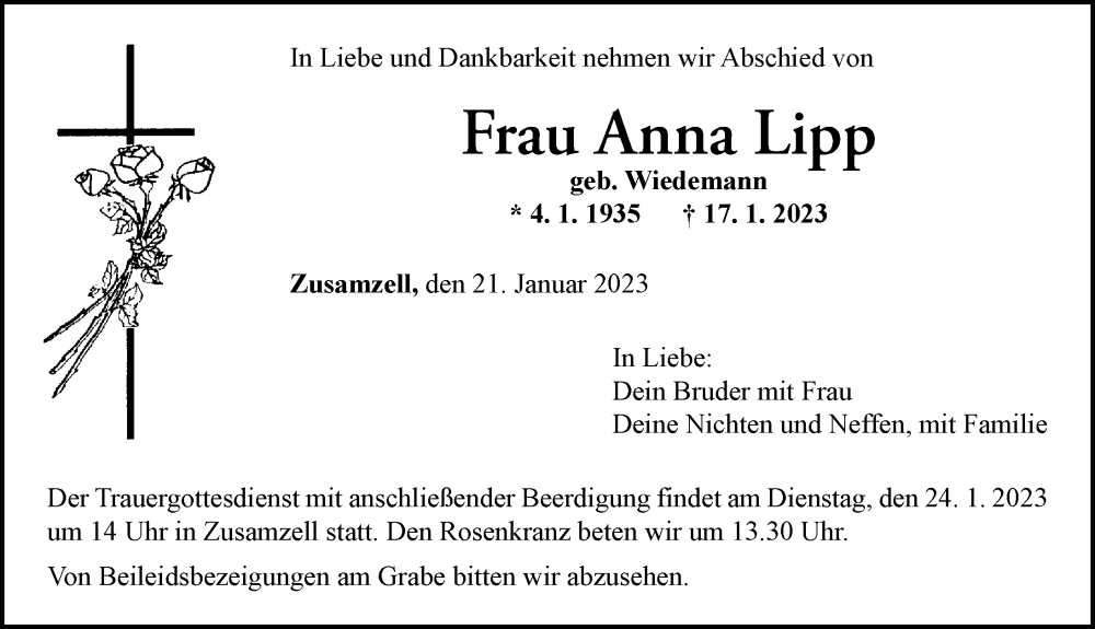  Traueranzeige für Anna Lipp vom 21.01.2023 aus Augsburg-Land