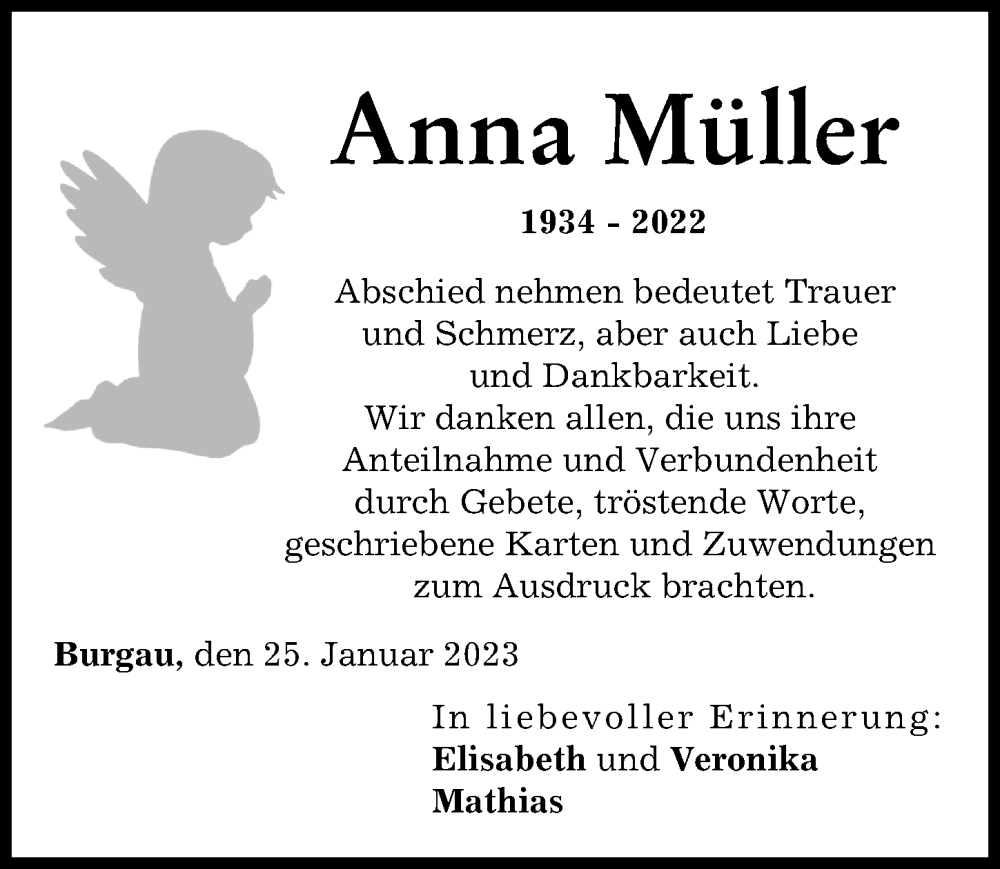  Traueranzeige für Anna Müller vom 25.01.2023 aus Günzburger Zeitung