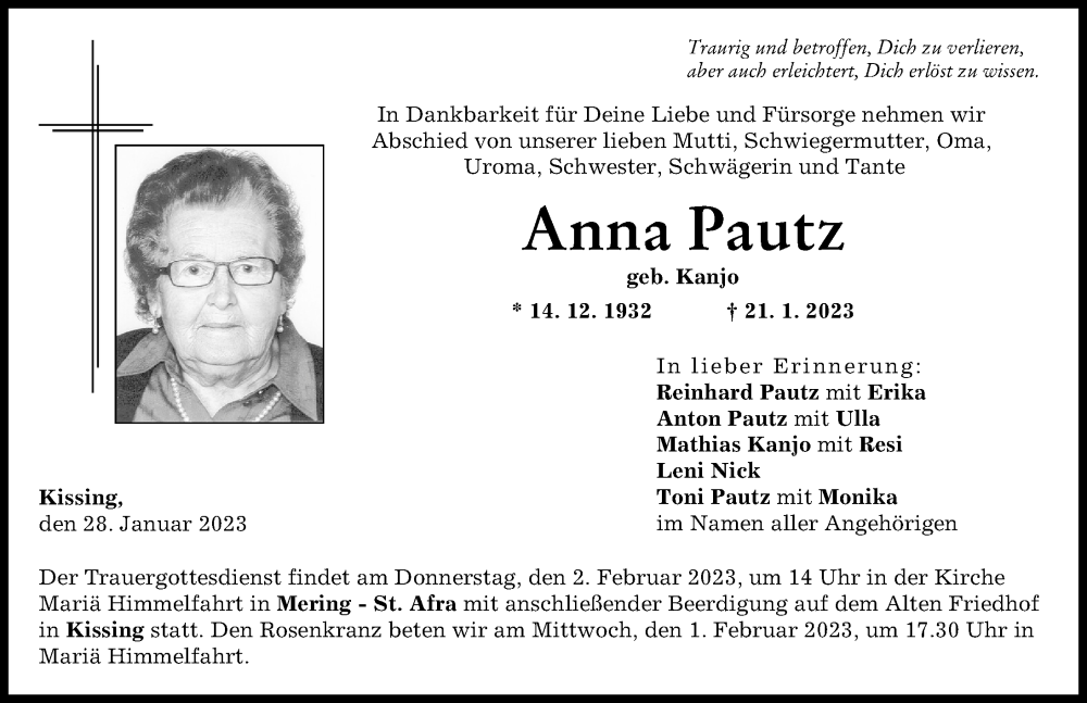  Traueranzeige für Anna Pautz vom 28.01.2023 aus Friedberger Allgemeine