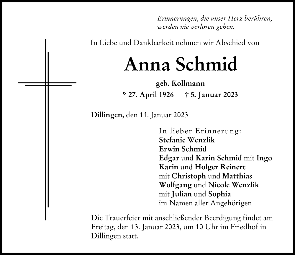 Traueranzeige von Anna Schmid von Donau Zeitung