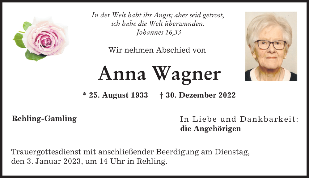 Traueranzeige von Anna Wagner von Aichacher Nachrichten