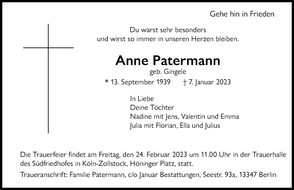  Traueranzeige für Anne Patermann vom 28.01.2023 aus Neu-Ulmer Zeitung