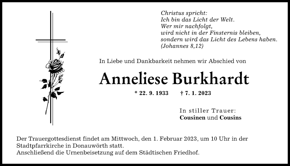  Traueranzeige für Anneliese Burkhardt vom 28.01.2023 aus Donauwörther Zeitung