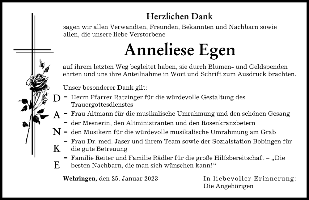  Traueranzeige für Anneliese Egen vom 25.01.2023 aus Schwabmünchner Allgemeine