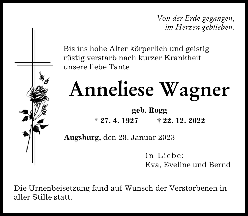  Traueranzeige für Anneliese Wagner vom 28.01.2023 aus Augsburger Allgemeine