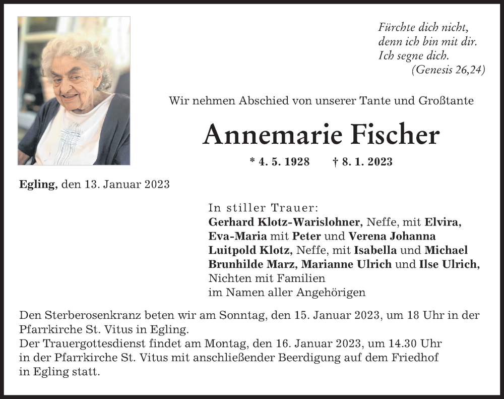  Traueranzeige für Annemarie Fischer vom 13.01.2023 aus Landsberger Tagblatt