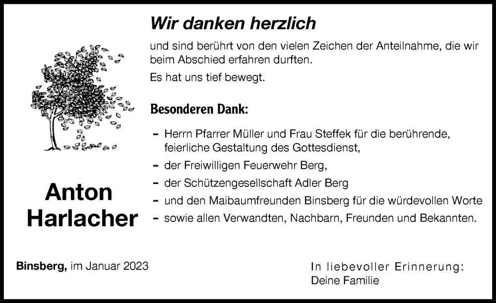  Traueranzeige für Anton Harlacher vom 30.01.2023 aus Donauwörther Zeitung