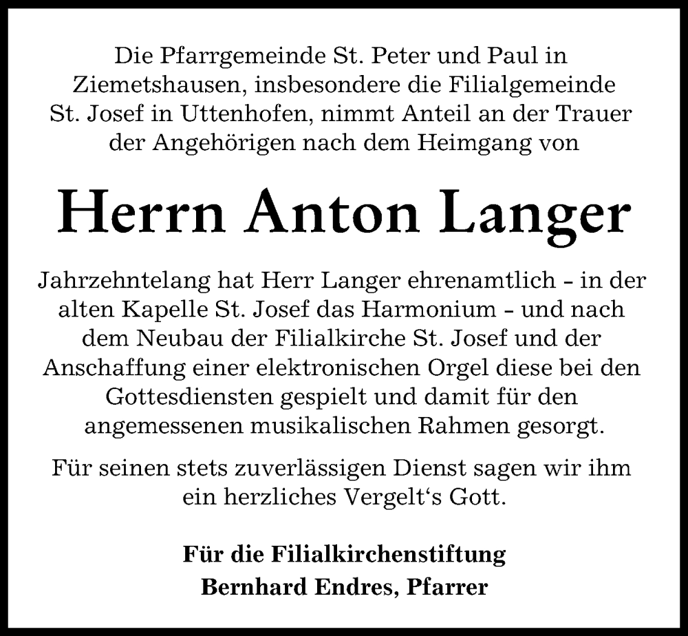 Traueranzeige von Anton Langer von Mittelschwäbische Nachrichten
