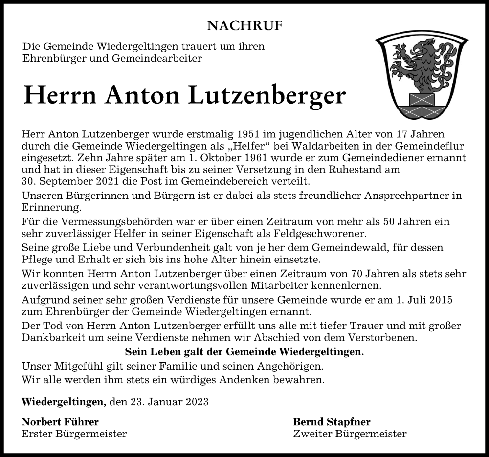  Traueranzeige für Anton Lutzenberger vom 23.01.2023 aus Mindelheimer Zeitung