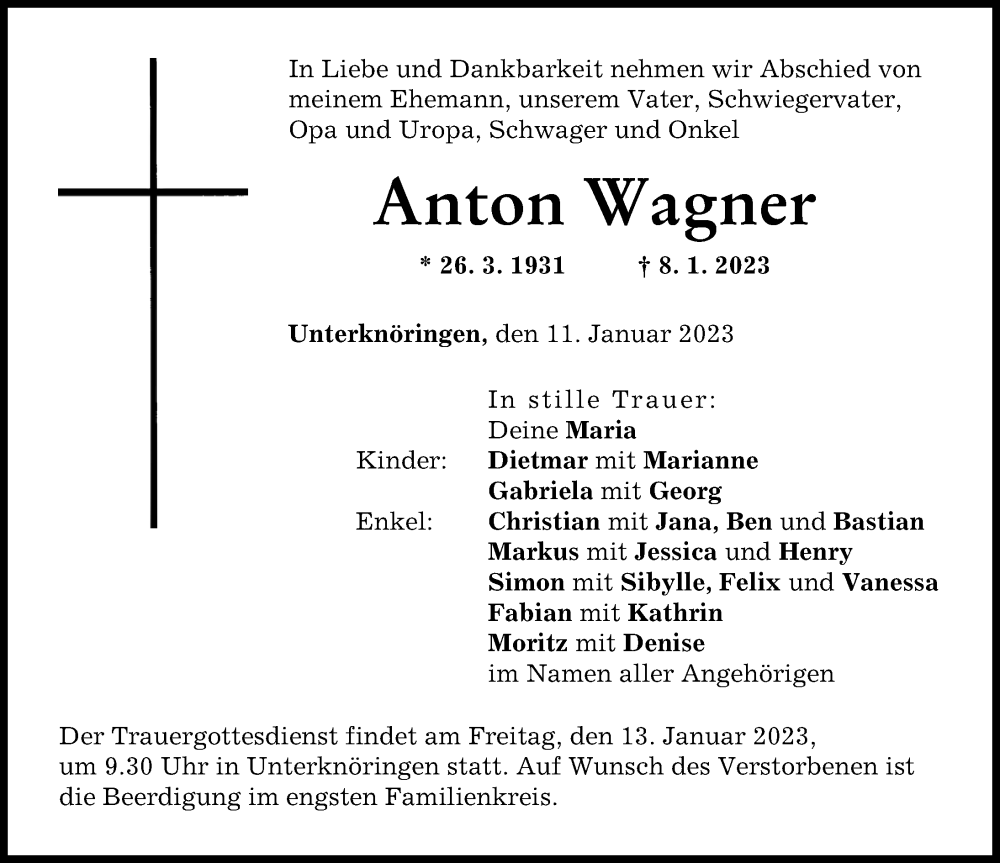 Traueranzeige von Anton Wagner von Günzburger Zeitung