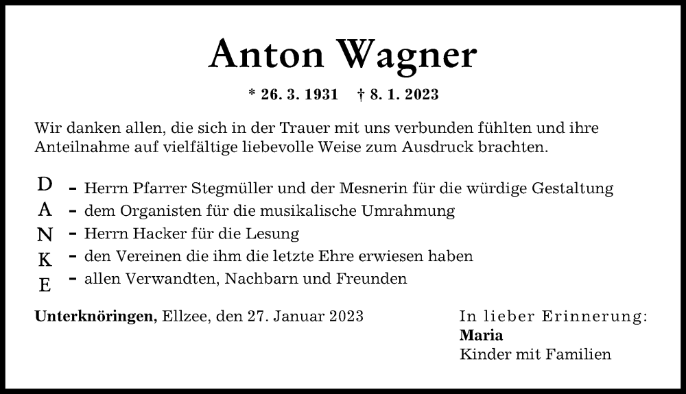 Traueranzeige von Anton Wagner von Günzburger Zeitung