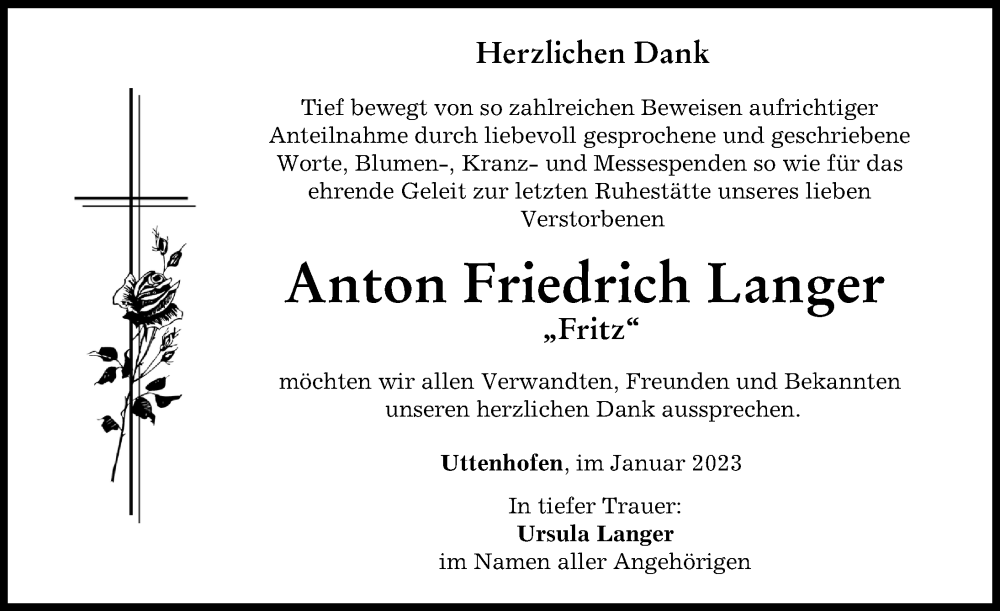  Traueranzeige für Anton Friedrich Langer vom 14.01.2023 aus Mittelschwäbische Nachrichten, Günzburger Zeitung