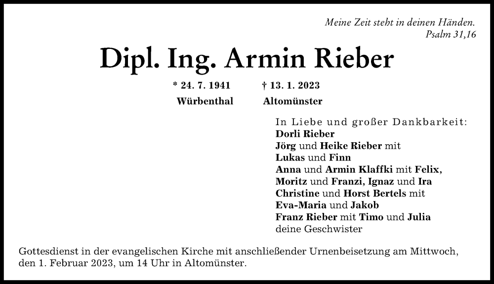  Traueranzeige für Armin Rieber vom 25.01.2023 aus Aichacher Nachrichten