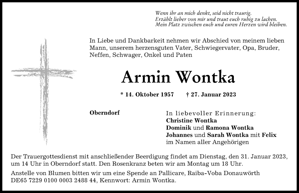  Traueranzeige für Armin Wontka vom 30.01.2023 aus Donauwörther Zeitung