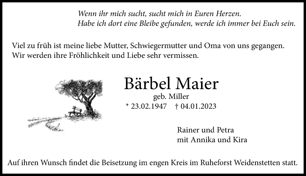 Traueranzeige von Bärbel Maier von Augsburger Allgemeine, Neu-Ulmer Zeitung