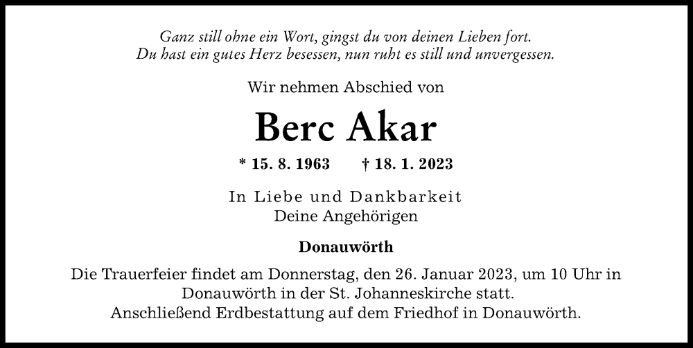  Traueranzeige für Berc Akar vom 25.01.2023 aus Donauwörther Zeitung