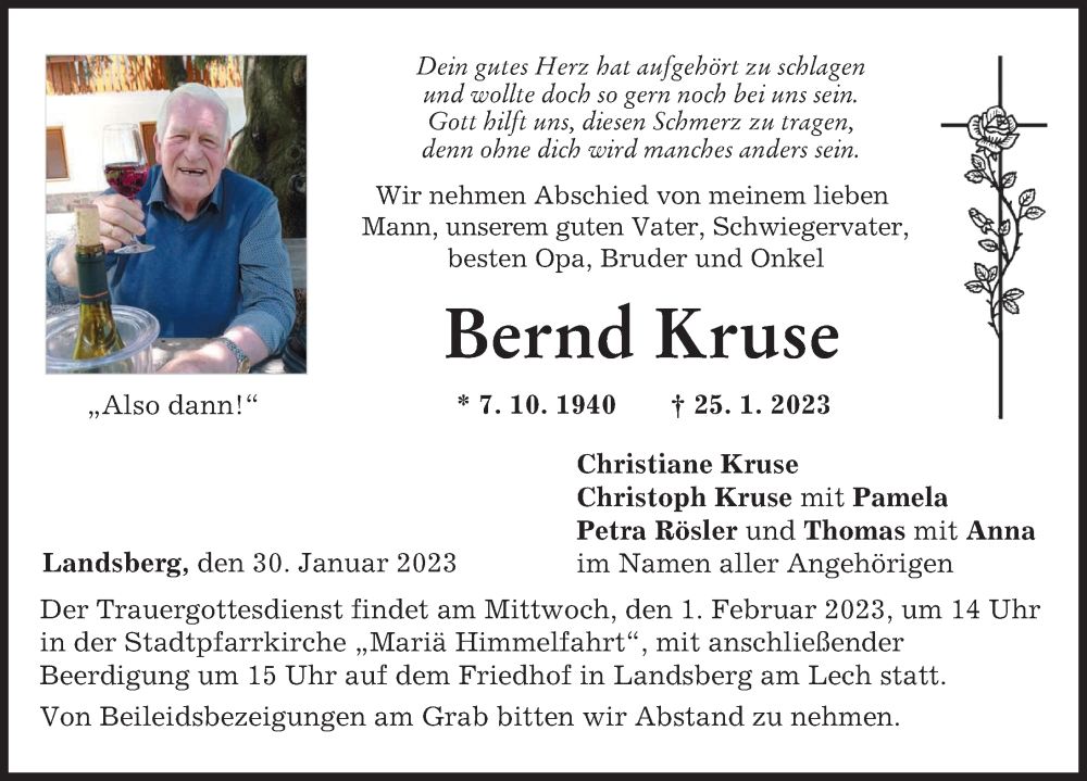  Traueranzeige für Bernd Kruse vom 30.01.2023 aus Landsberger Tagblatt
