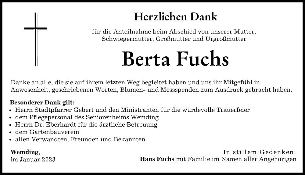 Traueranzeige von Berta Fuchs von Donauwörther Zeitung