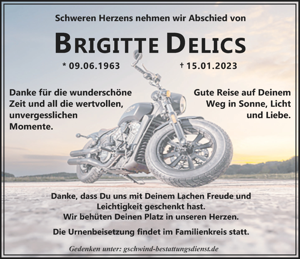  Traueranzeige für Brigitte Delics vom 21.01.2023 aus Schwabmünchner Allgemeine