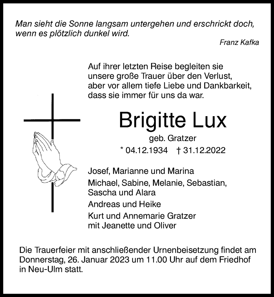 Traueranzeige von Brigitte Lux von Augsburger Allgemeine, Neu-Ulmer Zeitung