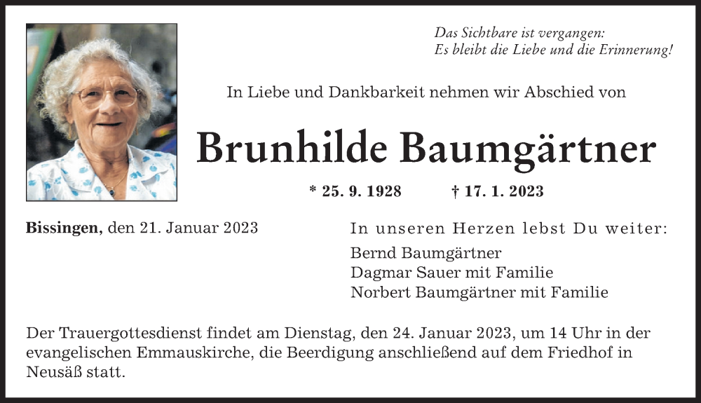 Traueranzeige von Brunhilde Baumgärtner von Donau Zeitung, Augsburger Allgemeine