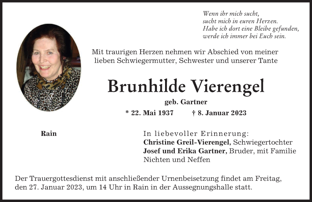  Traueranzeige für Brunhilde Vierengel vom 24.01.2023 aus Donauwörther Zeitung