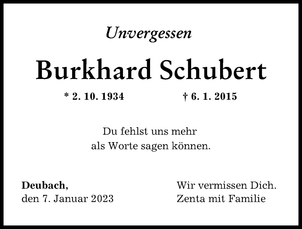 Traueranzeige von Burkhard Schubert von Augsburger Allgemeine