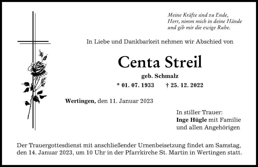 Traueranzeige von Centa Streil von Wertinger Zeitung