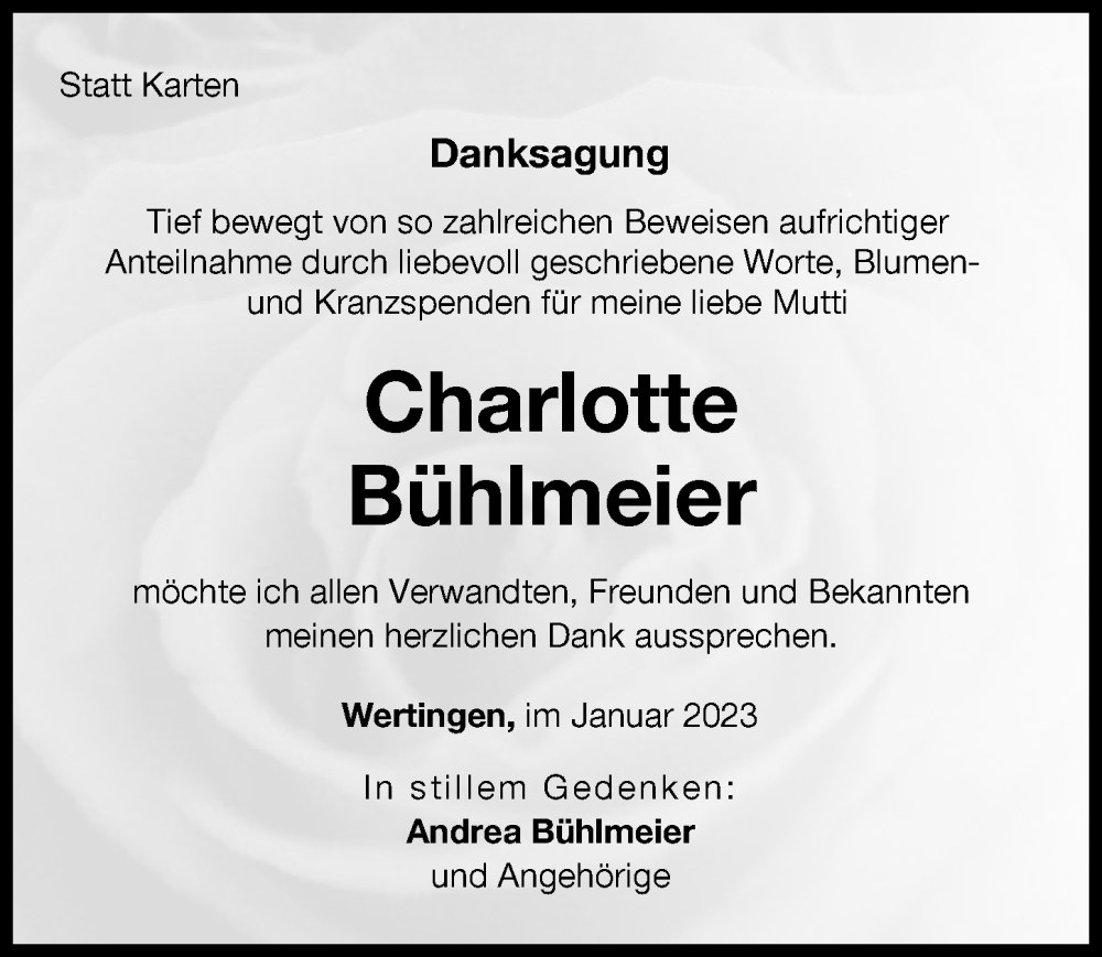 Traueranzeige von Charlotte Bühlmeier von Wertinger Zeitung, Augsburg-Land