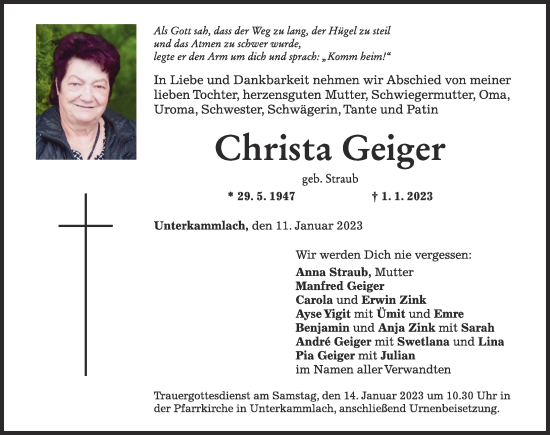 Traueranzeigen von Christa Geiger | Augsburger Allgemeine Zeitung